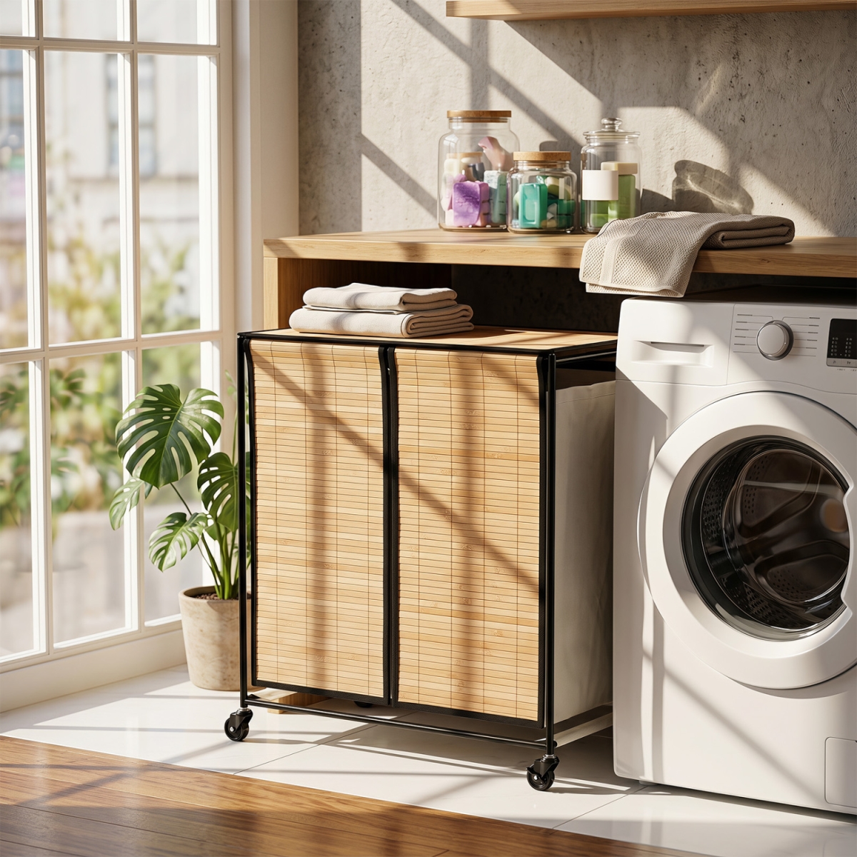 JZ10298NA 18.5 gal Laundry Hamper with Lid 2-Section with 2 Lockable Wheels - Natural