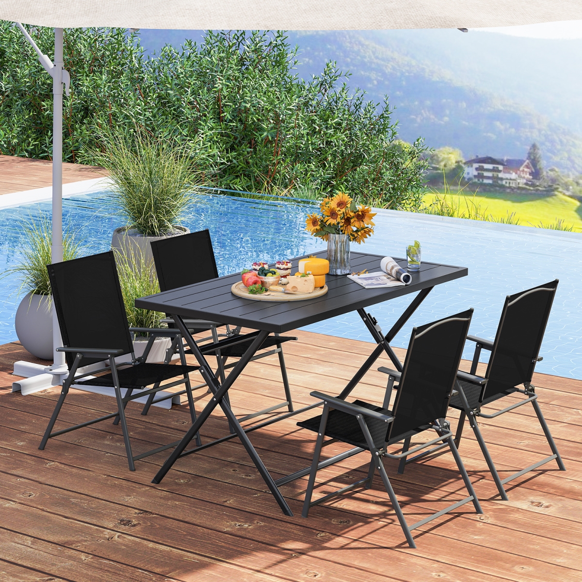 NP12241DK Foldable Outdoor Dining Table 48 x 30 in. Rectangular Metal Patio Table with Slatted Tabletop - Black