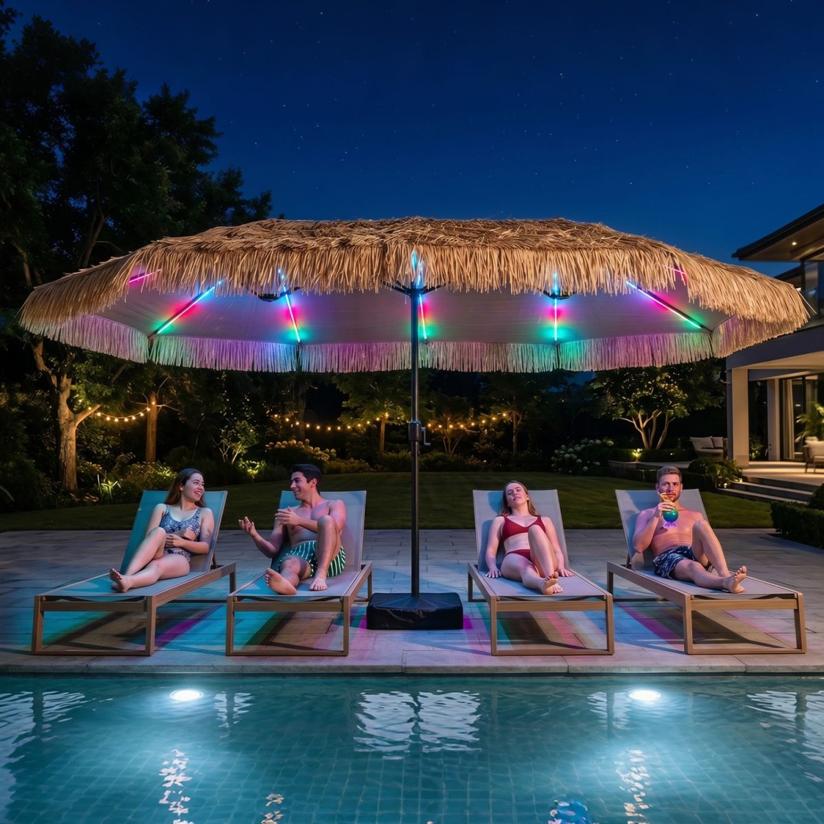 NP13443BN-D 15 x 9 ft. Solar Double-Sided Patio Umbrella with 144 Multi-Colored Flowing Lights & Umbrella Base - Brown