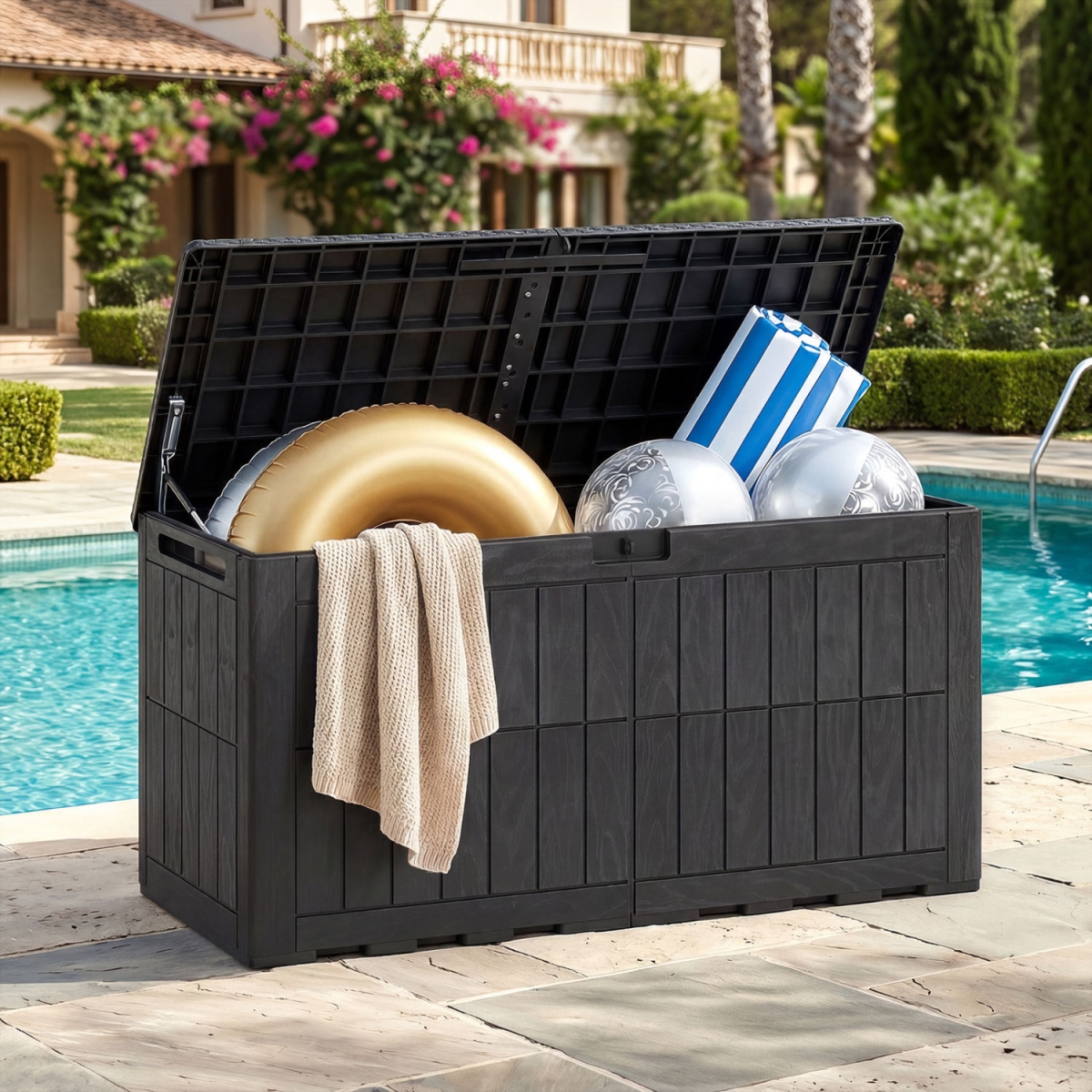 NP13729DK Waterproof Lockable Outdoor Deck Box for Tools Cushions Pool - Black