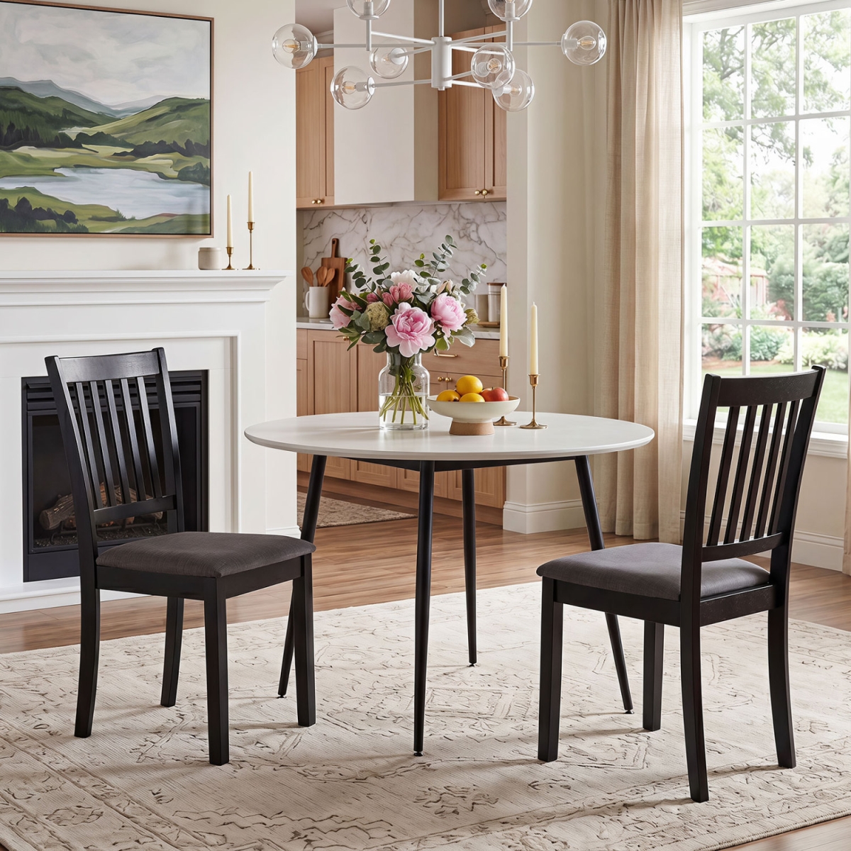KC59668DK-2 Black Wooden Dining Chairs Upholstered Kitchen Chairs with Rubber Wood Frame - Set of 2