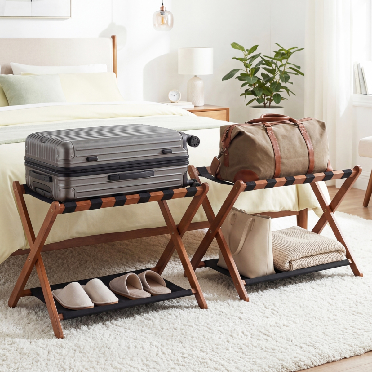 2-JV13202BN Solid Rubberwood Folding Luggage Rack with Nylon Shelves - Brown - Set of 2