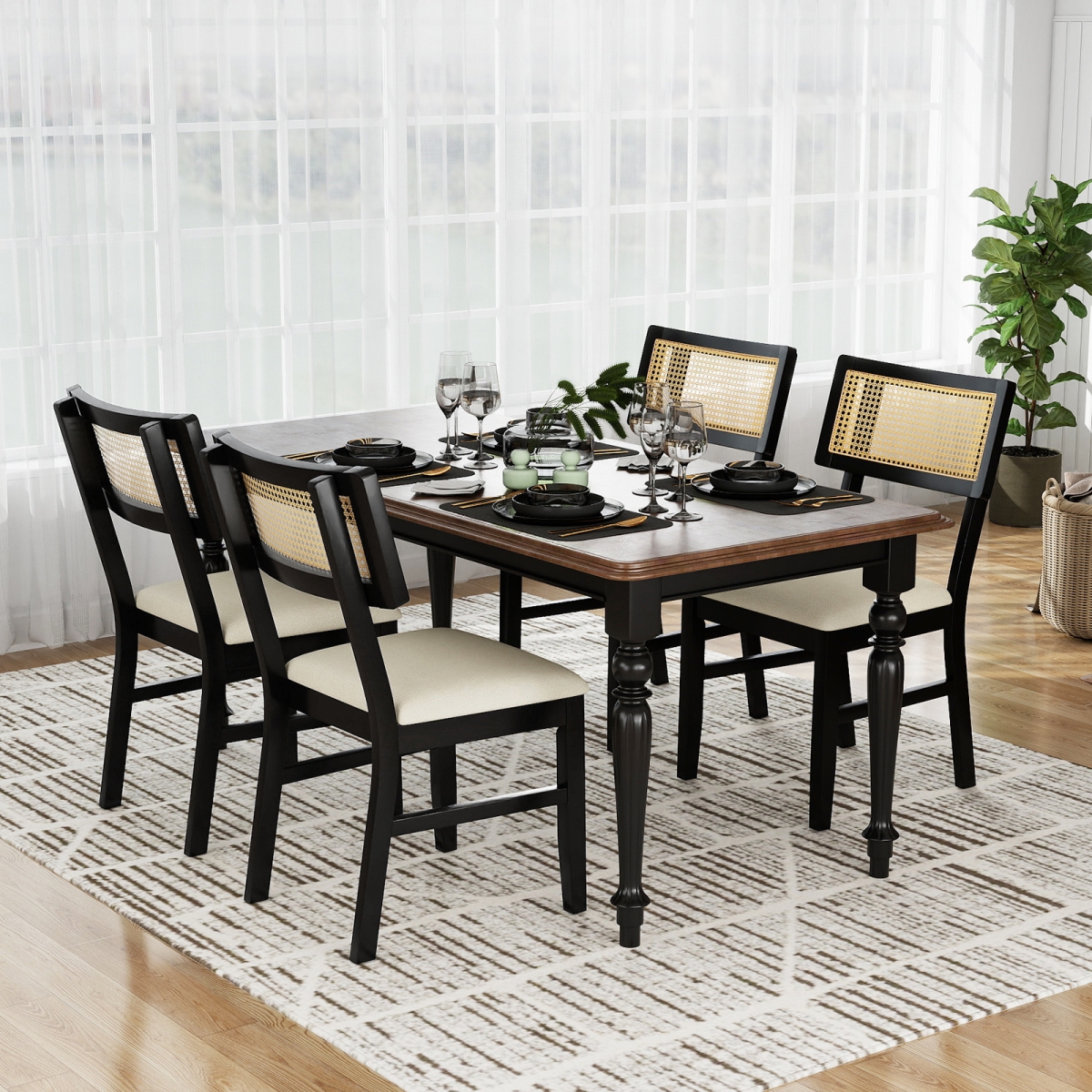 2-JV13505BK Rattan Dining Chairs Fabric Upholstered Kitchen Chairs with Padded Seat & Rubber Wood Legs - Black - Set of 4
