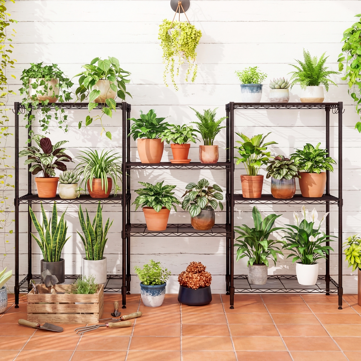 2-JV13577DK 4-Tier Metal Storage Shelving Unit with V-Shaped Wire Rack - Black - Set of 2