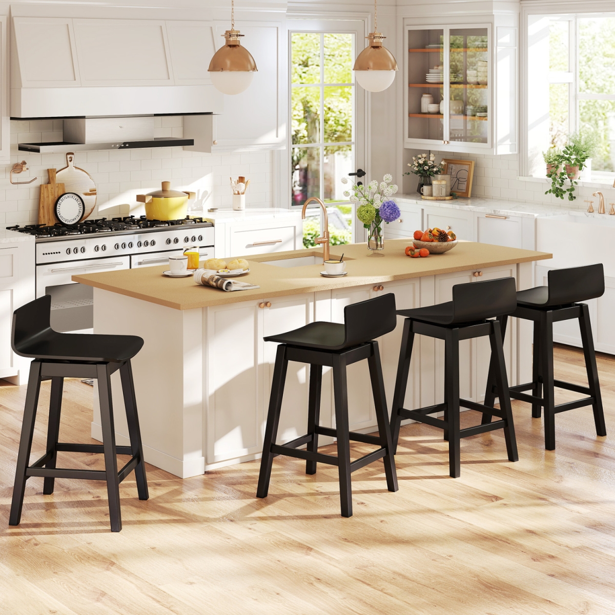 2-KC57847DK 24.5 in. Swivel Wooden Bar Stools with Rubber Wood Legs & Low Back - Black - Set of 4