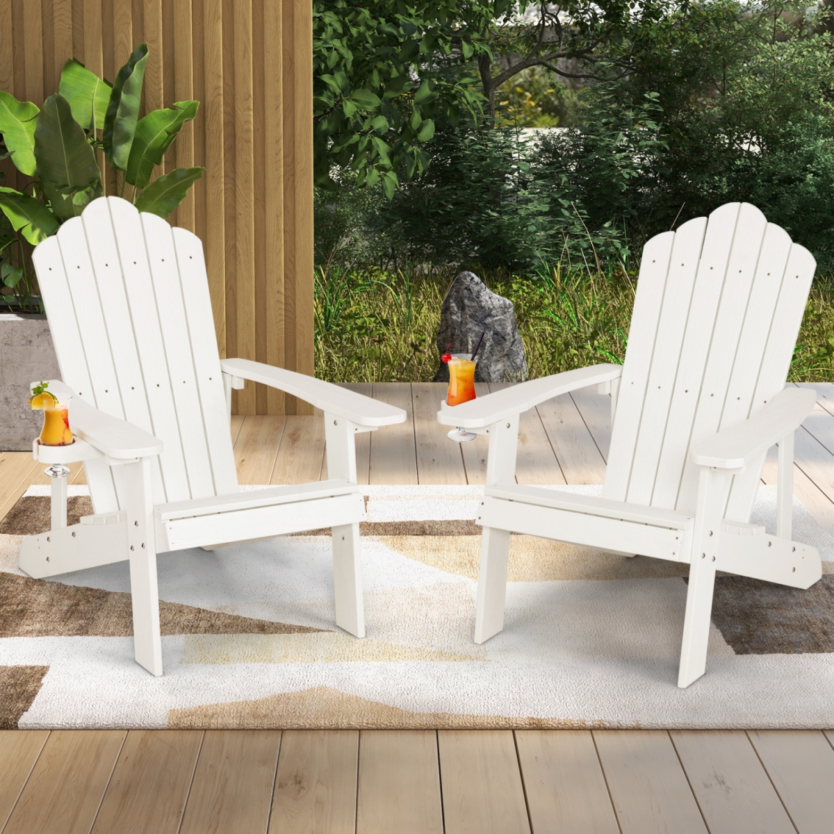 2-NP10983WH Adirondack Chair Set with Ergonomic Design for Porch & Backyard - White - 2 Piece