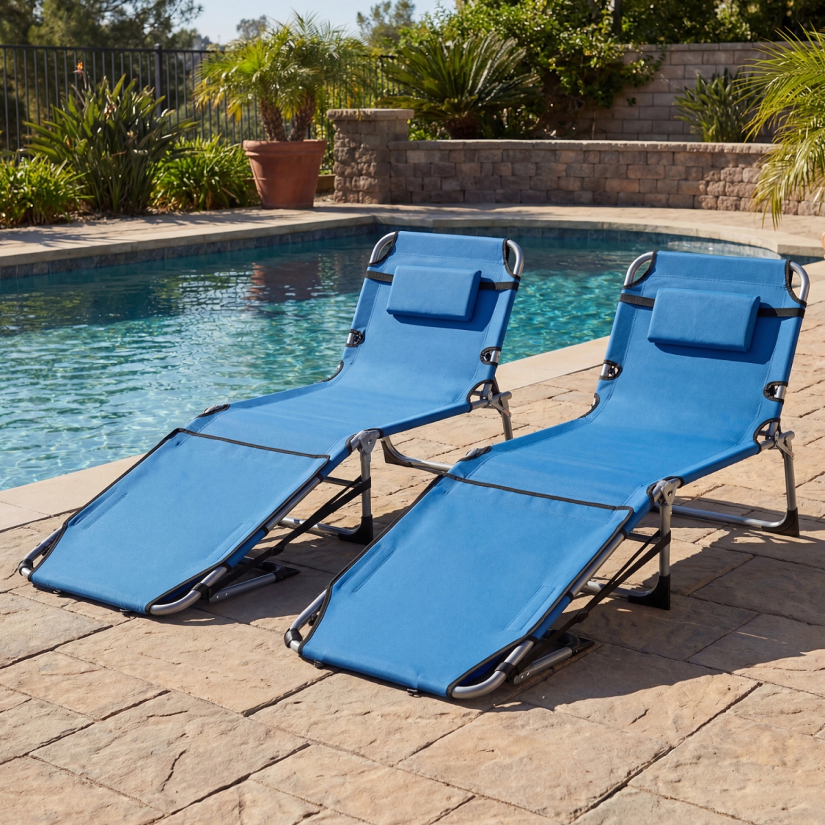 2-NP13351BL Tanning Chairs with Face Arm Holes Portable with 4-Level Backrest - Blue - Set of 2