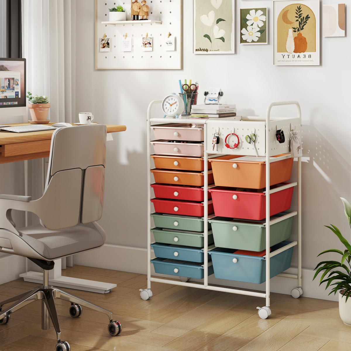 JZ10566GW 14-Drawer Rolling Storage Cart with Metal Tabletop & Pegboard - Macaron
