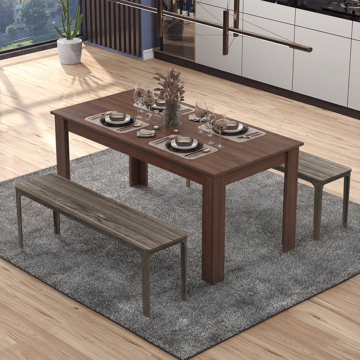 KC57825WT 63 in. Rectangular Modern Dining Kitchen Table - Walnut