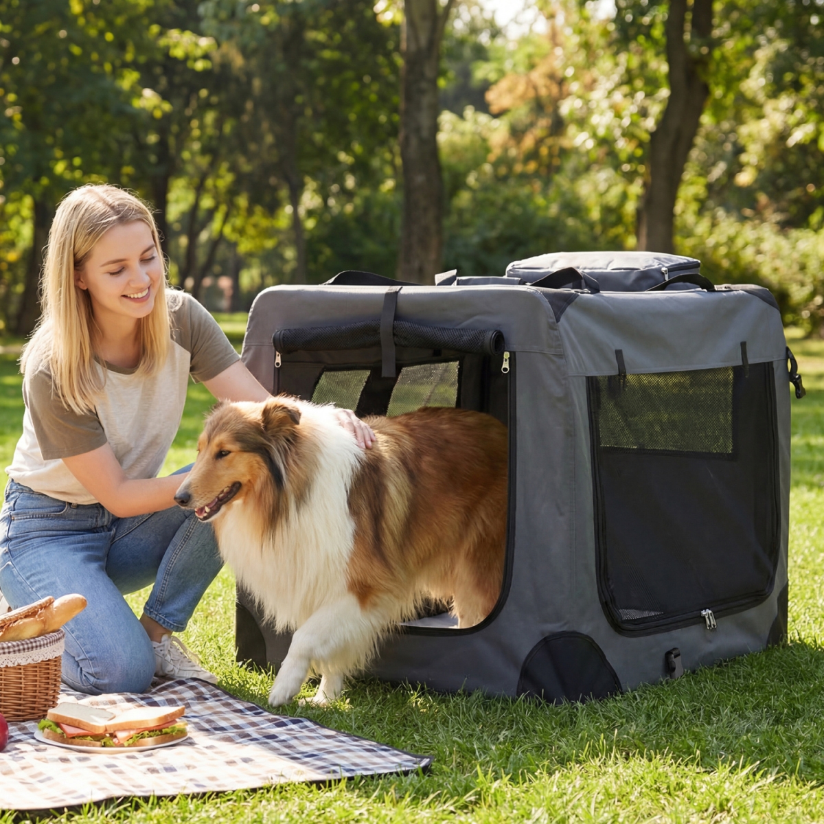 PV10554GR Collapsible Soft Dog Travel Crate with Mesh Windows & 3 Doors - Gray - Extra Large
