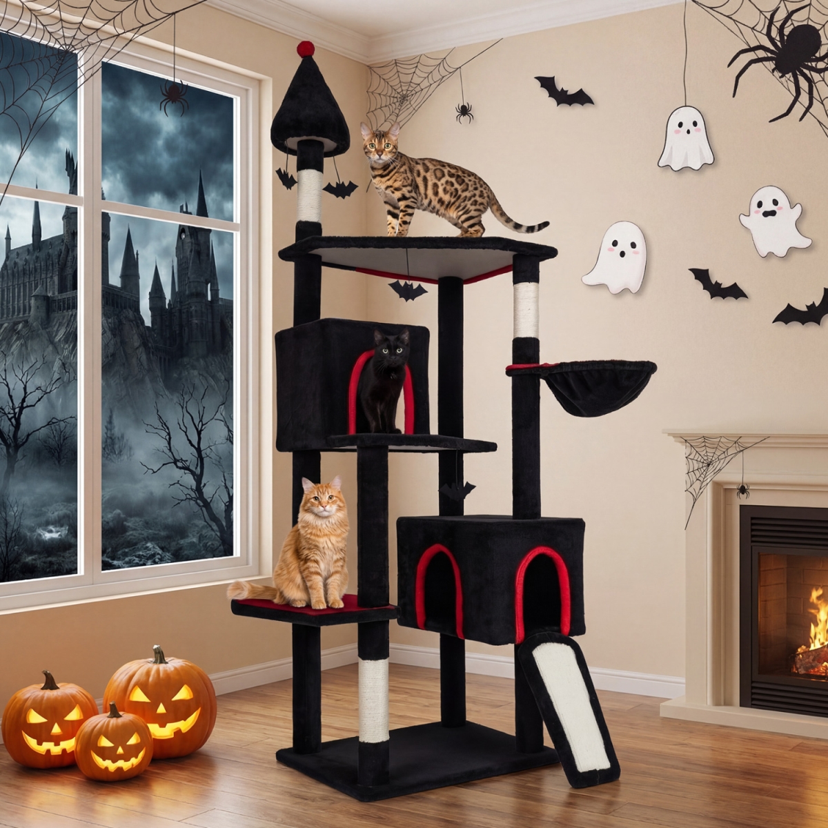 PV10577BK 75 in. Gothic Cat Tree with 2 Condos & Top Perch for Large Cats 20 & Up lbs - Black