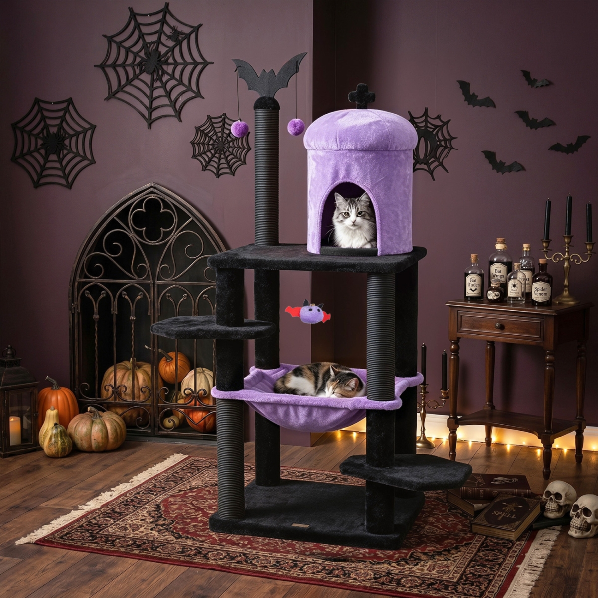 PV10582PU 51 in. Gothic Multi-Level Cat Tree with Spider Hanging Toy for Black Halloween - Purple
