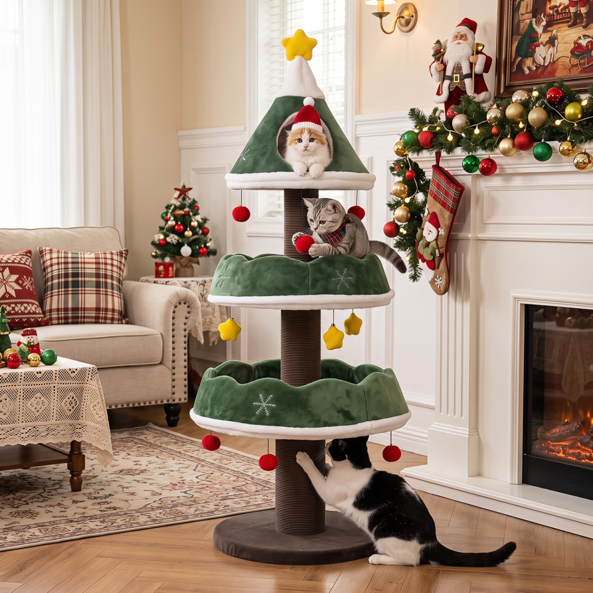 PV10626GN 56.5 in. Multi-Level Cat Tower with Fully-Wrapped Scratching Posts - Green