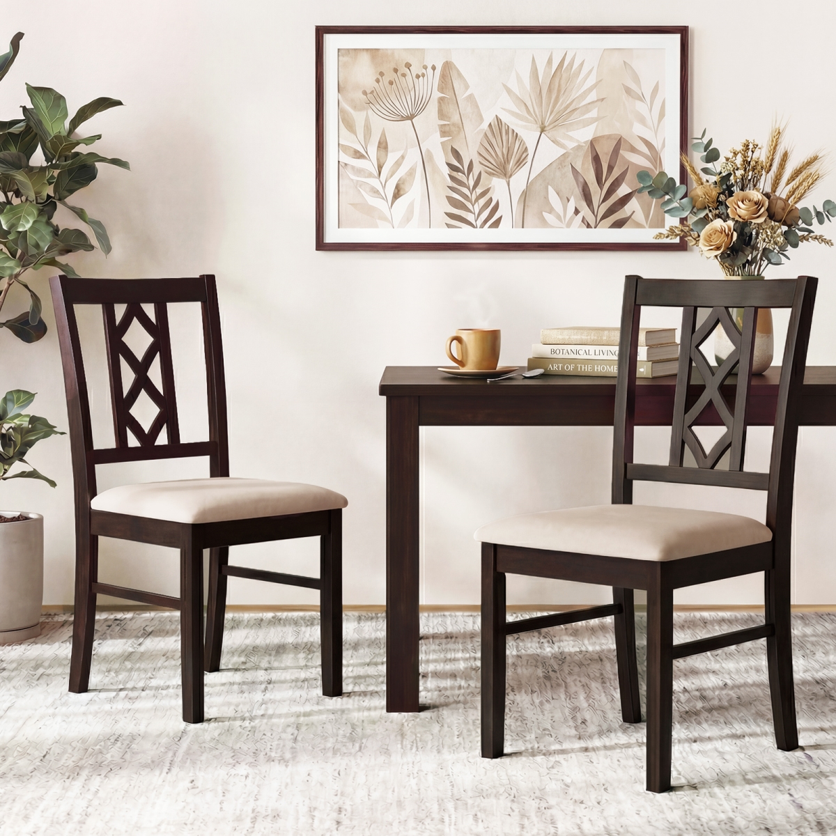 KC59358WN-2 Dining Room Chairs Rubber Wood Dining Chairs with Hollowed Backrest - Brown - Set of 2