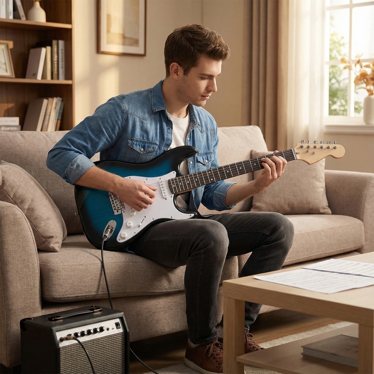 MU10142US-BL 39 in. Full Size Electric Guitar Beginner Kit with Amplifier for Starter - Blue