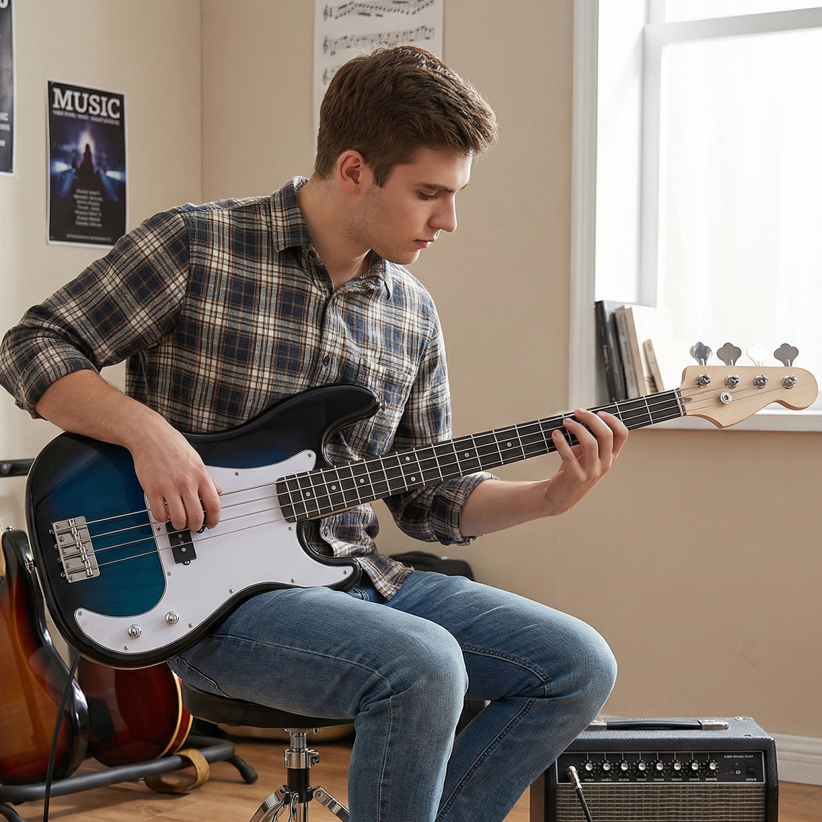 MU10144BL 45.5 in. Electric Bass Guitar with Double Pickups & Gig Bag for Beginners - Blue