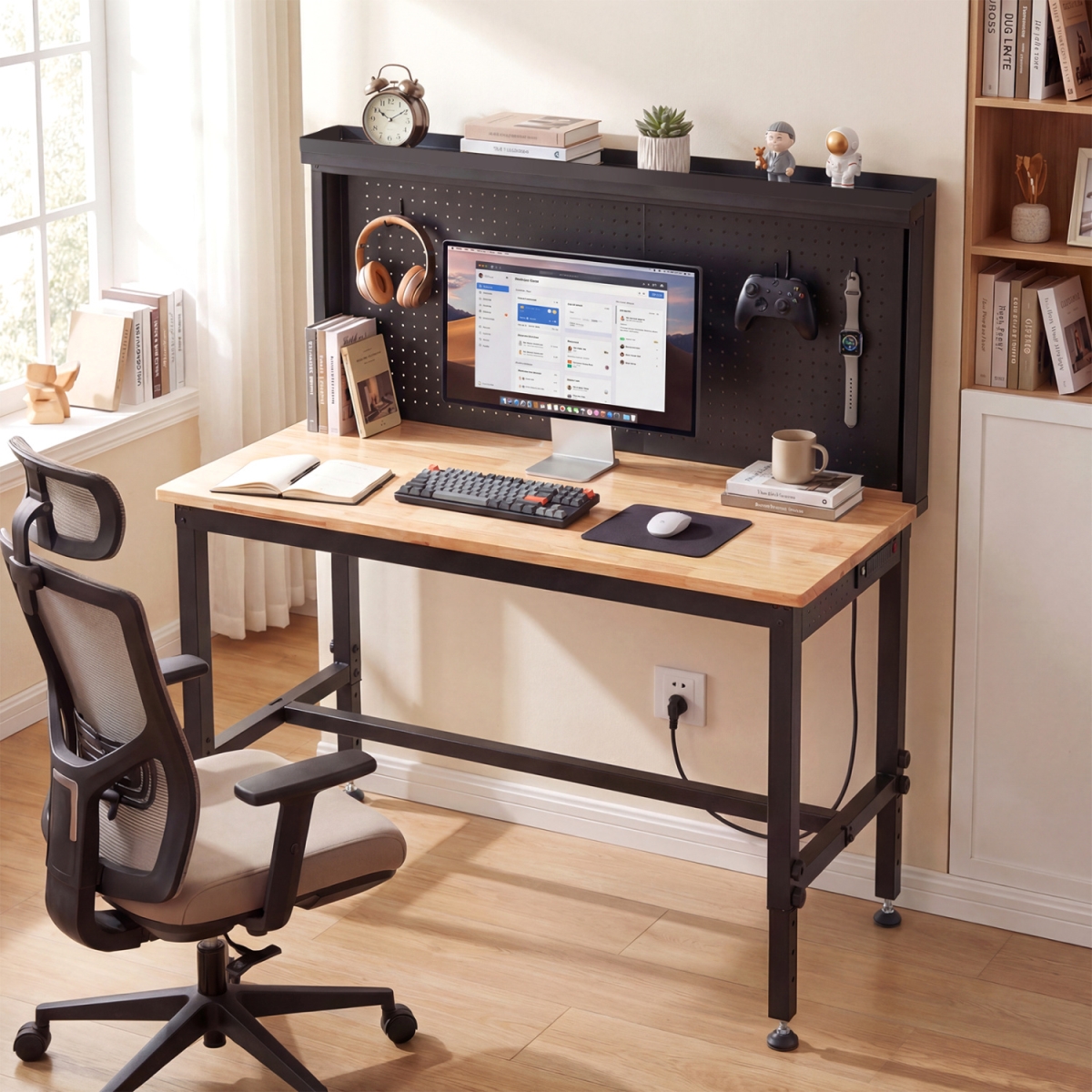 TL35853US-NA 48 in. Heavy Duty Workbench with AC-USB Outlets & Pegboard - Natural