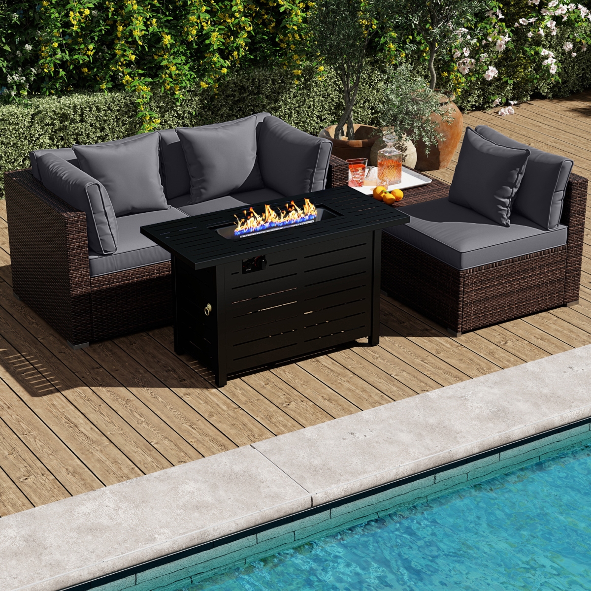 OP70370-HW66750AGR- Heavy-Duty Frame Rattan Sofa Set with 60000 BTU Firepit Table - Gray