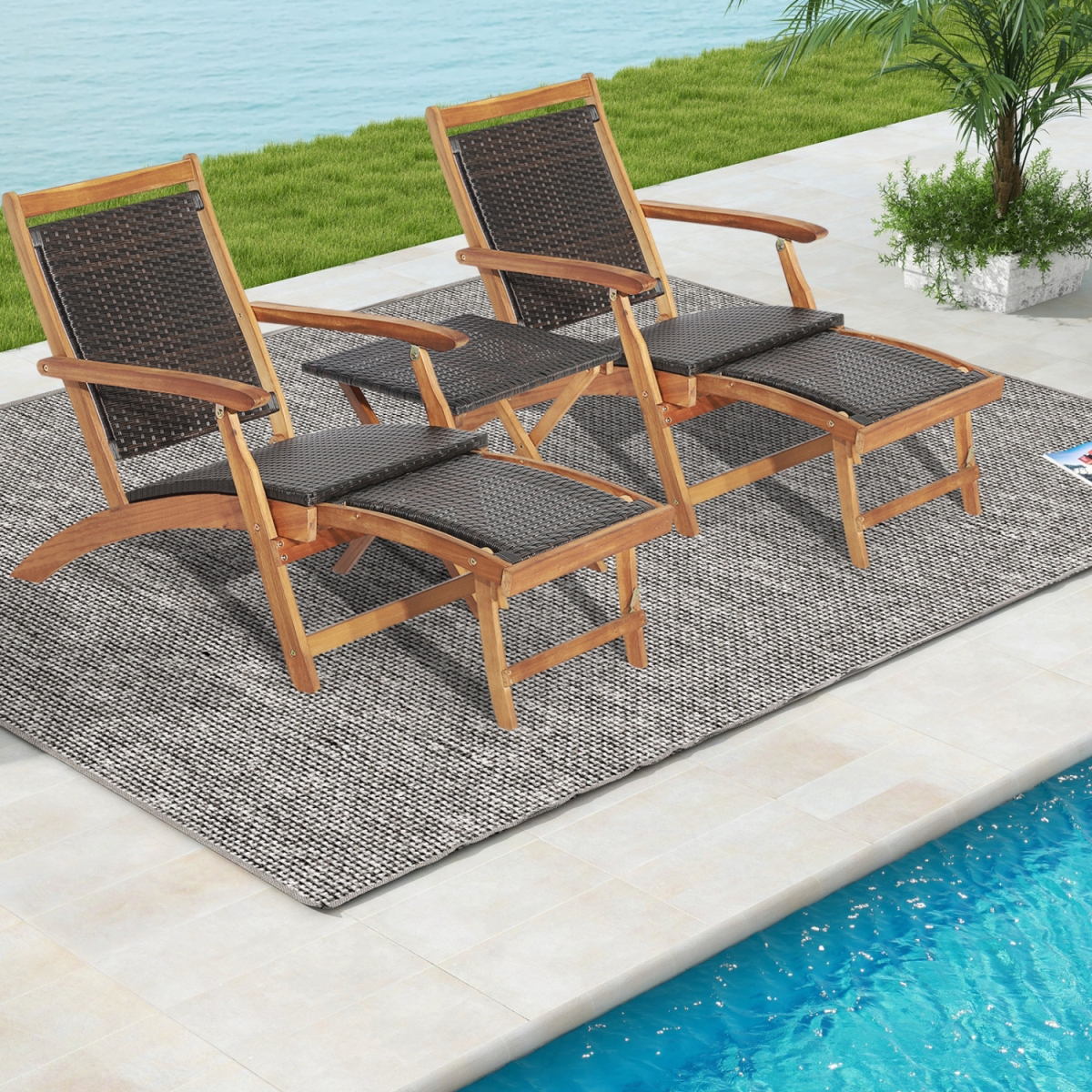 HW70244-HW67681 Patio Rattan Folding Lounge Chair with Acacia Wood Table - 3 Piece - Set of 2
