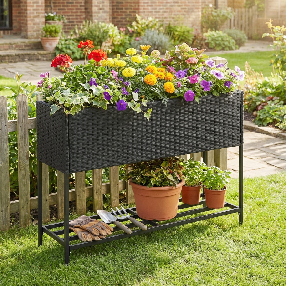 HW72720DK Raised Wicker Garden Bed with Storage Shelf & Removable Liner - Black