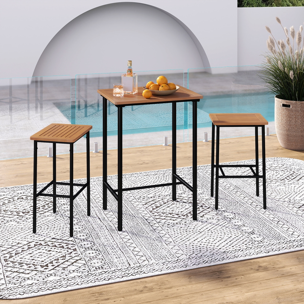 HW75099 Acacia Wood Patio Bar Set Rectangular Table with Metal Frame - 3 Piece