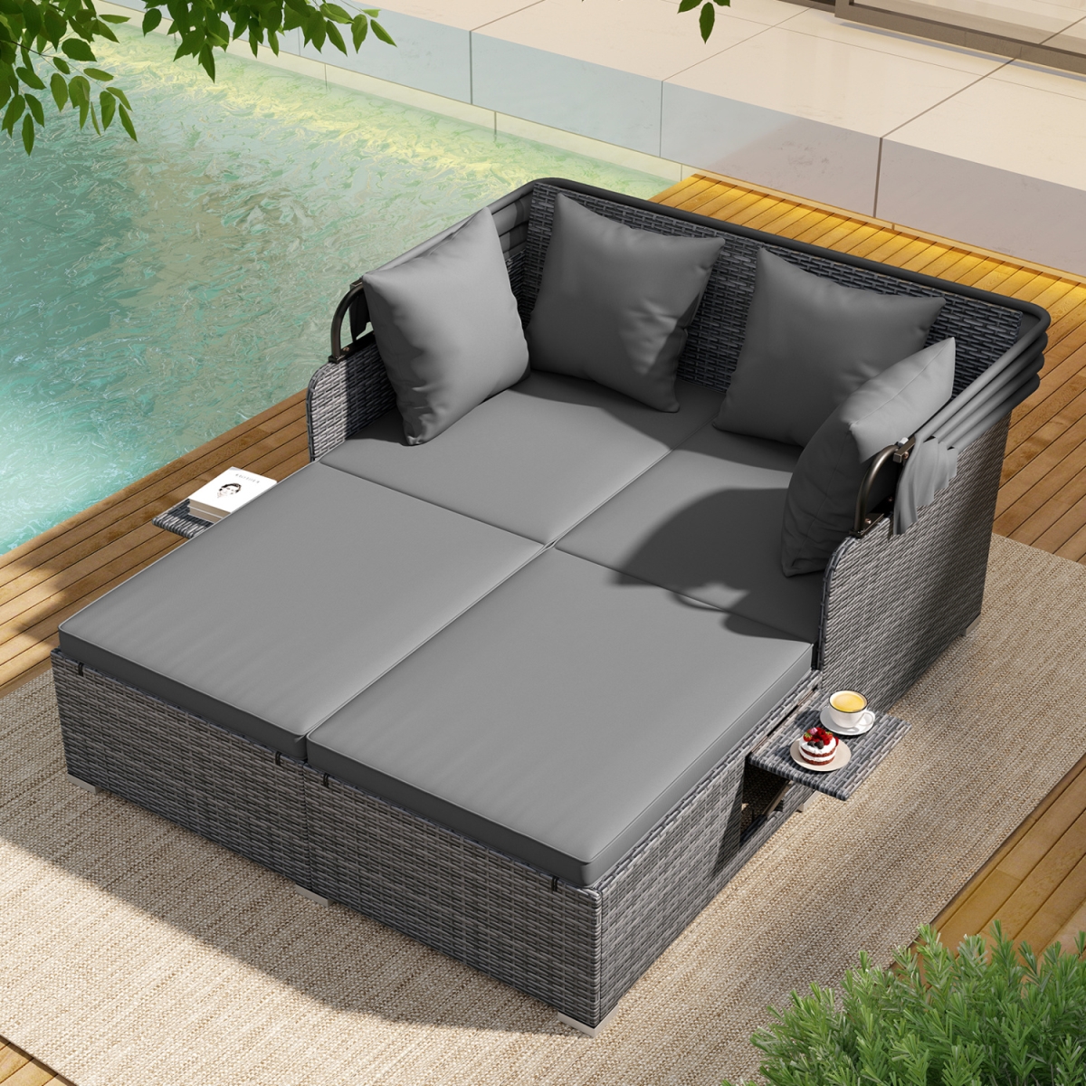 HW75144GR Patio Rattan Daybed with Retractable Canopy & Side Tables - Mix Gray
