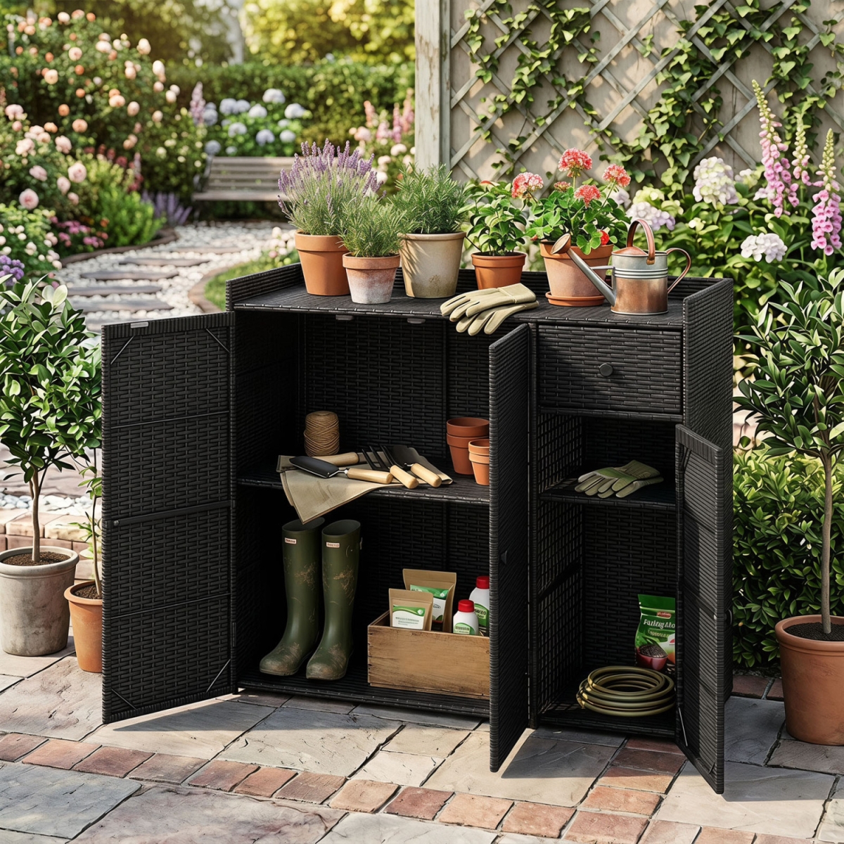 HW76154DK Outdoor PE Wicker Storage Cabinet with 3 Doors & Adjustable Shelves & Drawer - Black