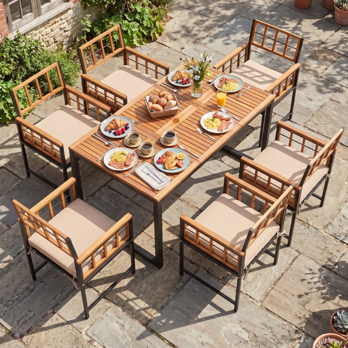 HW76171BN- Outdoor Dining Set with Acacia Wood Table & Chairs & Umbrella Hole - Natural & Black - 7 Piece