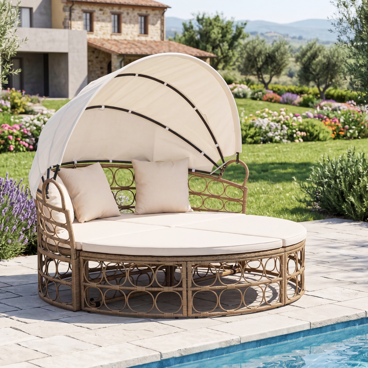 HW76291WH- Outdoor Patio Daybed with Retractable Canopy & Cushions Yellow Wicker Rattan Furniture Set - White