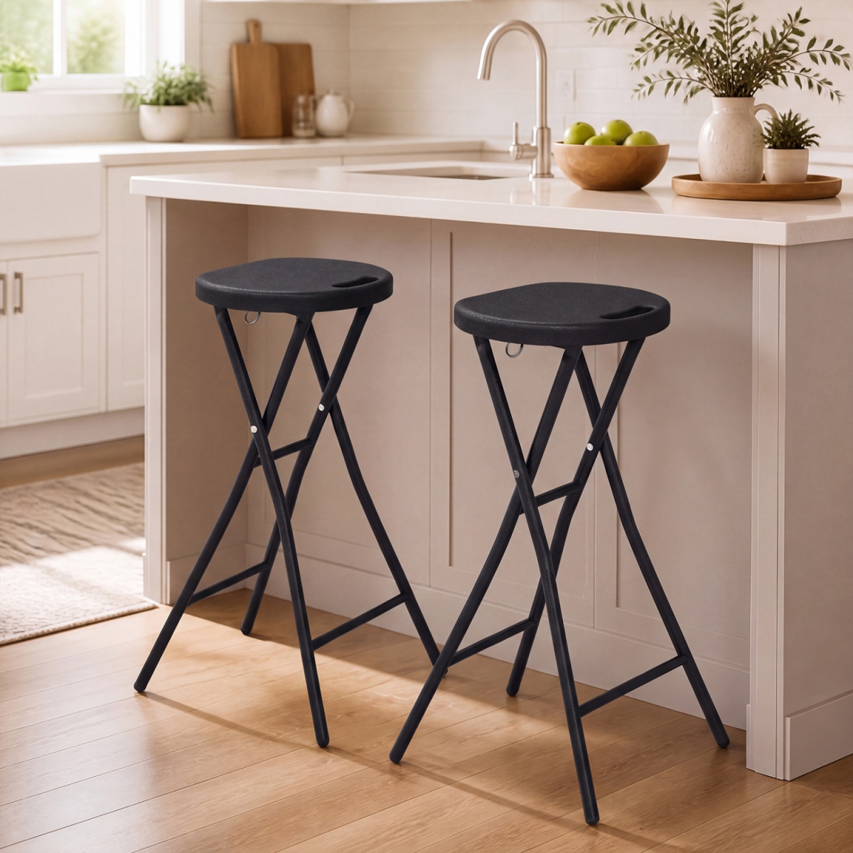 NP13721DK-2 Folding Bar Stool 27.5 in. with HDPE Seat & Carry Handle for Kitchen Bar - Black - Set of 2