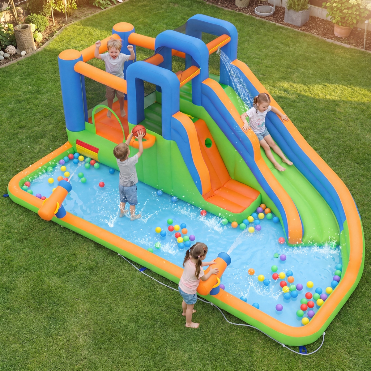 NP13734TY-ES10566US Inflatable Water Slide Park with 780W Blower & Splash Pool for Yard Party