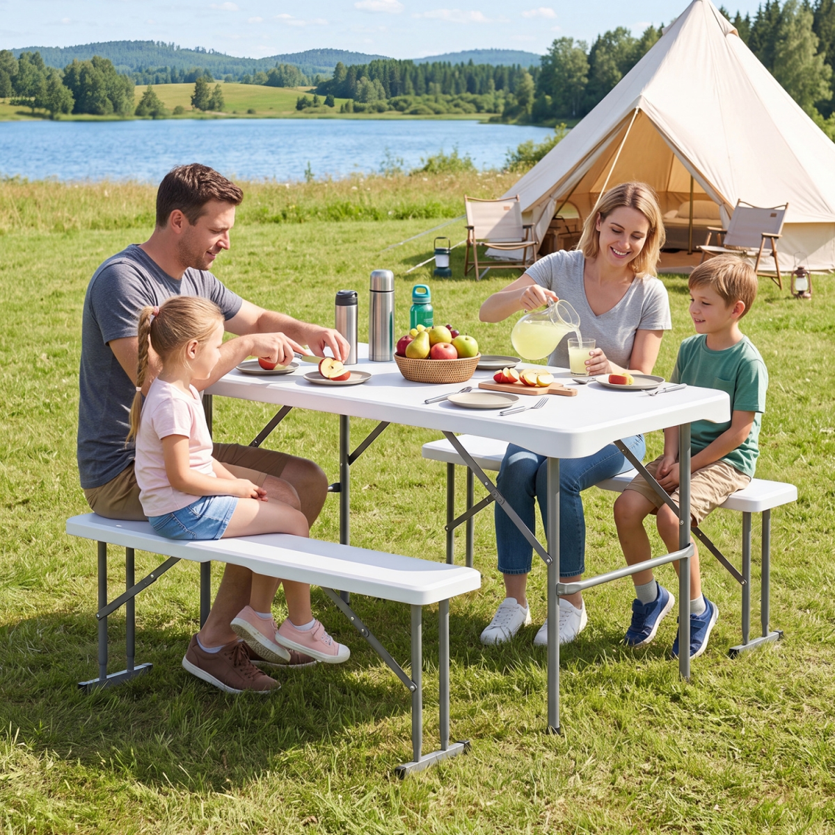 NP13759WH 44 in. HDPE Folding Picnic Table Set with 2 Benches - White