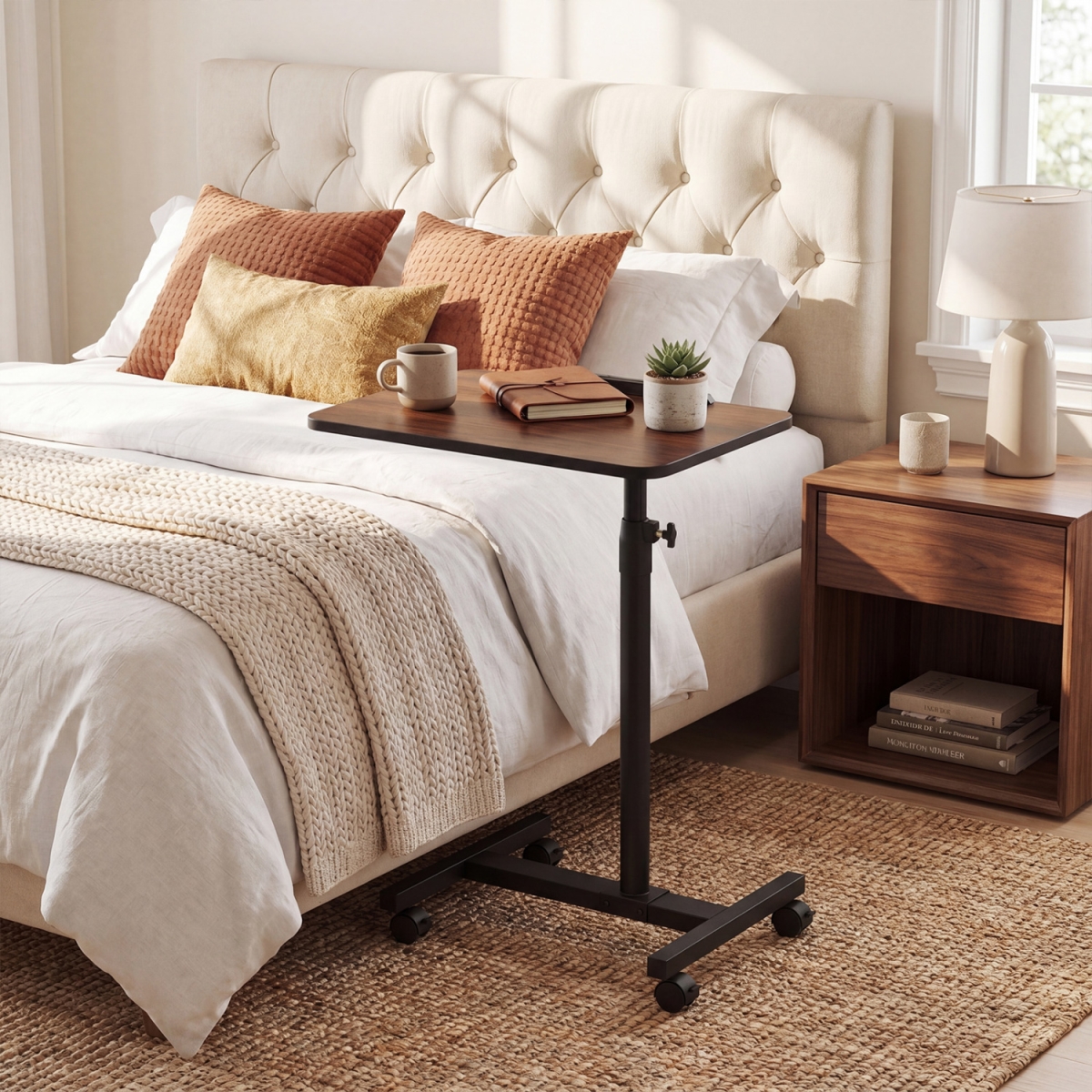 JV12759WT Over Bed Food Tray Small Rolling Computer Table - Walnut