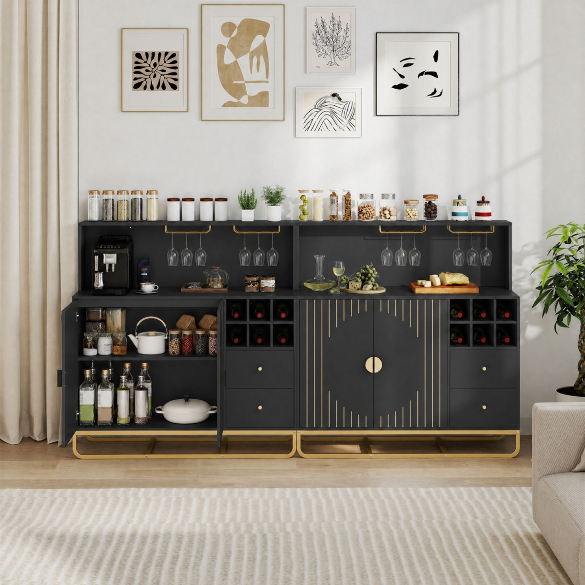 JV13077BK Home Bar Cabinet with Wine Rack Glass Holder & Adjustable Shelf - Black