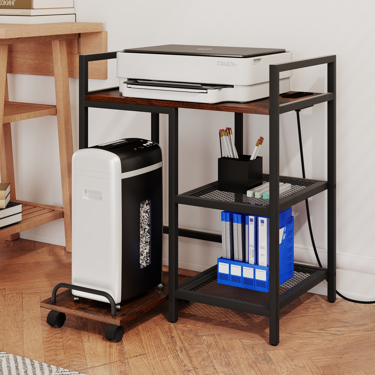JV13097US-CF Printer Stand with Charging Station & Storage Shelves - Rustic Brown