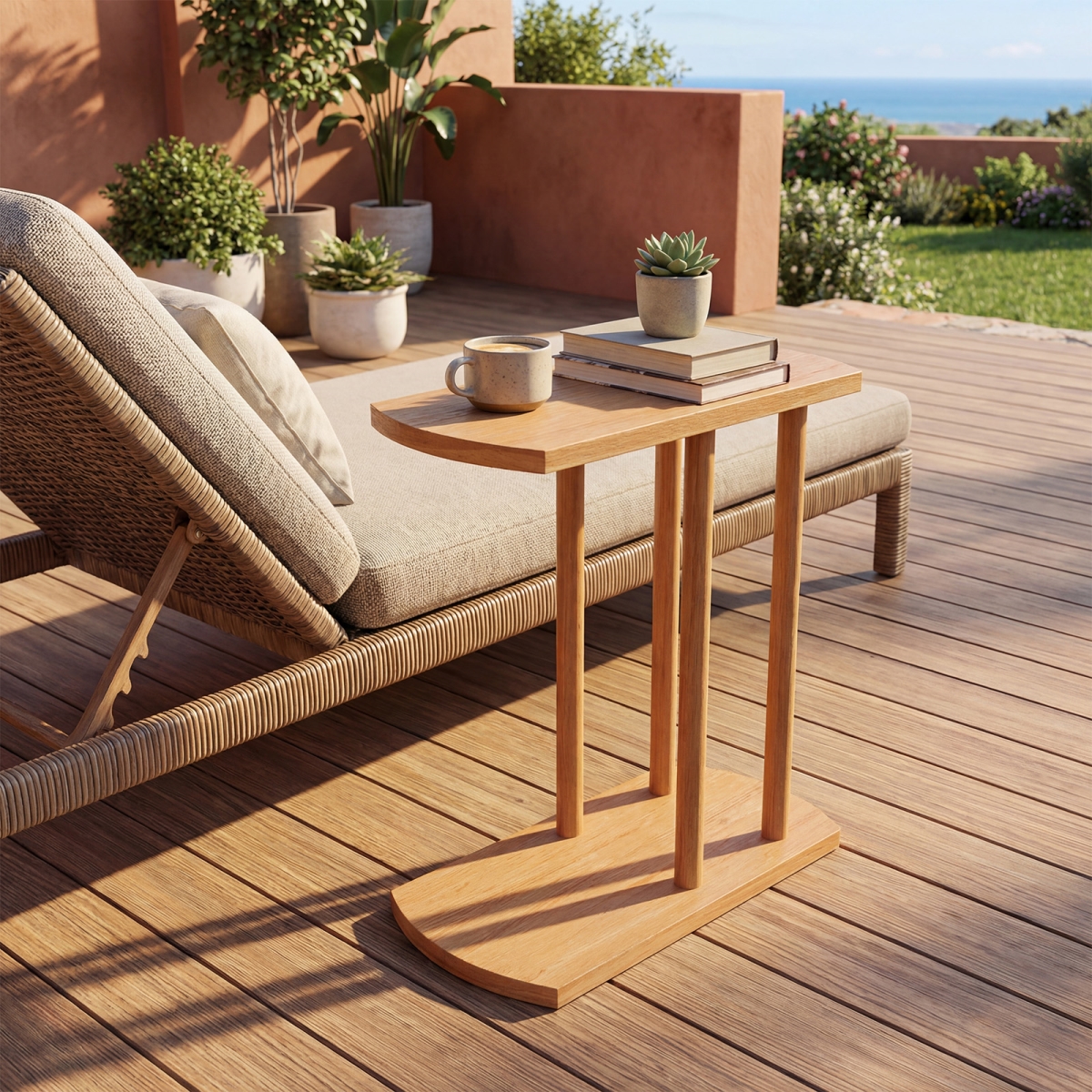 JV13131 Narrow 2-Tier C-Shaped Teak Wood Side Table with Thickened Top & Sturdy Base