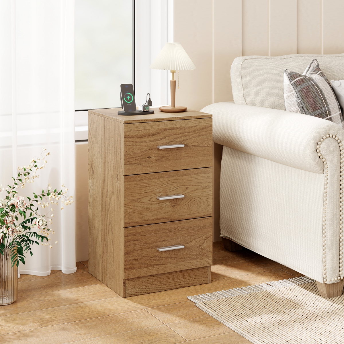 JV13146US-NA Nightstand with Charging Station End Table with 3 Storage Drawers Bedside Table for Bedroom - Natural