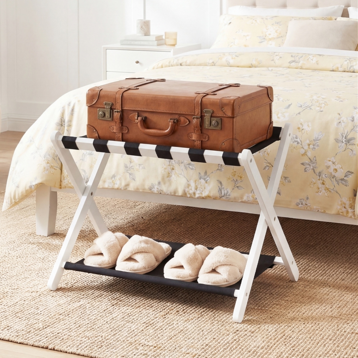 JV13202WH Solid Rubberwood Folding Luggage Rack with Nylon Shelves - White