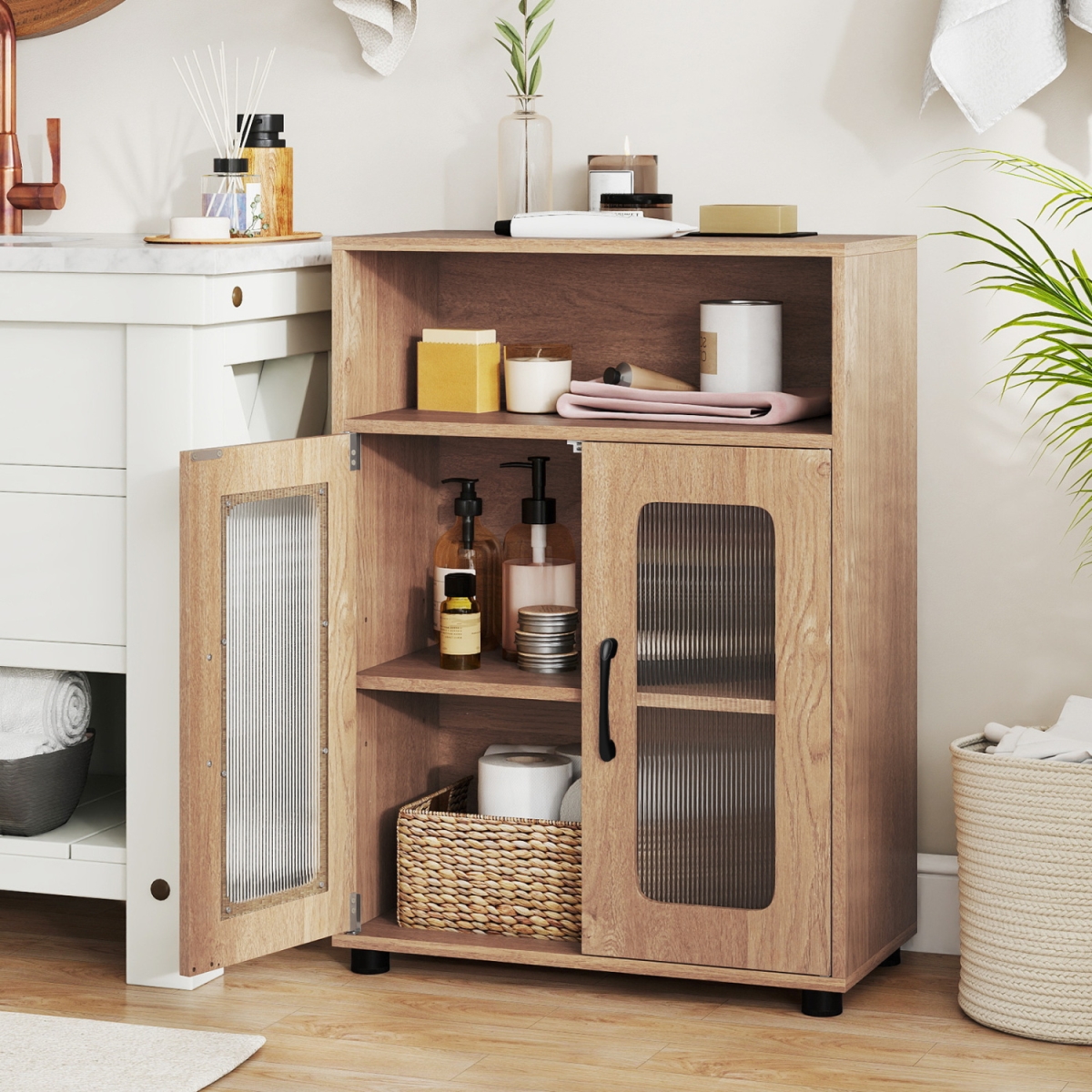 JV13234NA Bathroom Cabinet Freestanding Cabinet with 2 Doors & 3-Level Adjustable Shelf - Natural
