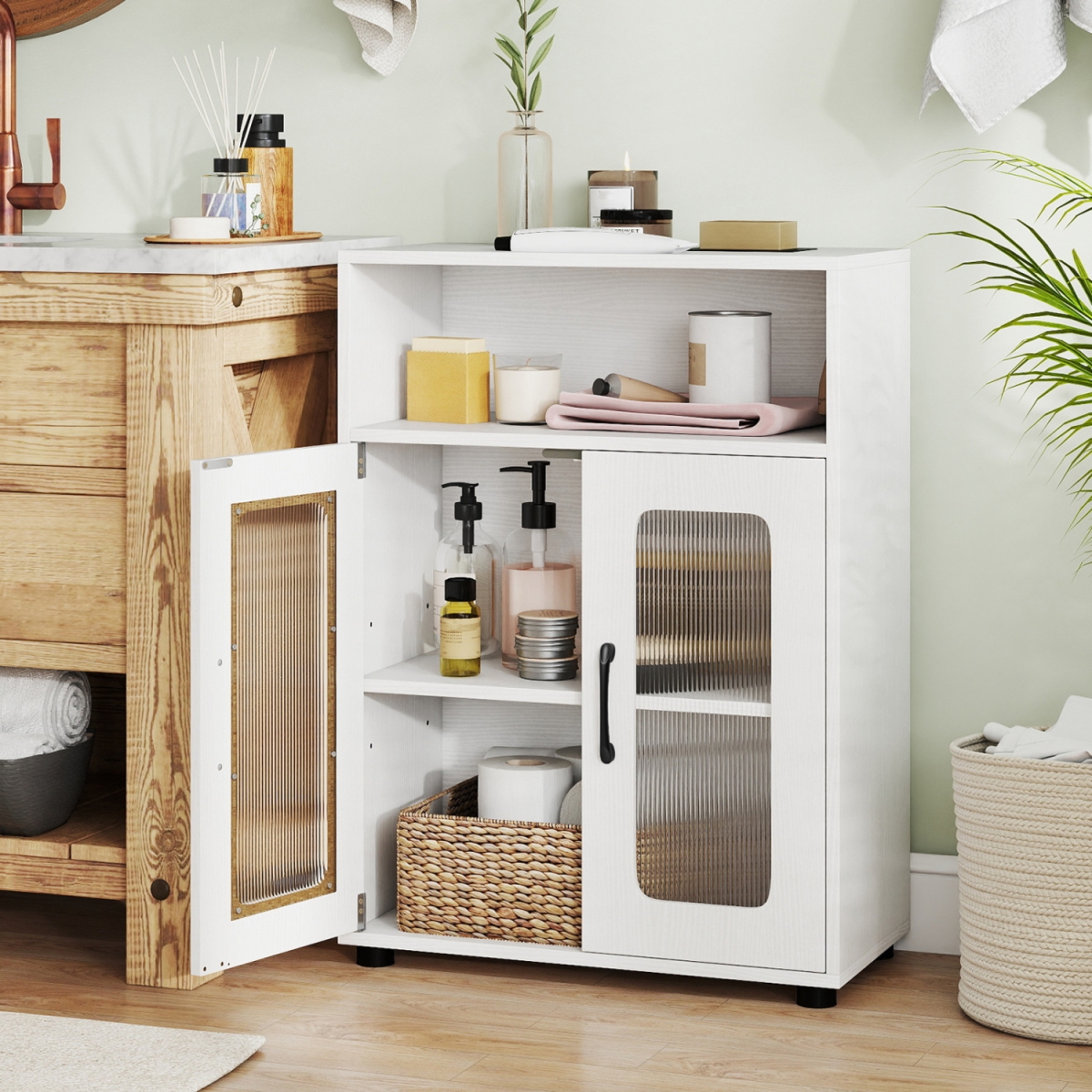 JV13234WH Bathroom Cabinet Freestanding Cabinet with 2 Doors & 3-Level Adjustable Shelf - White