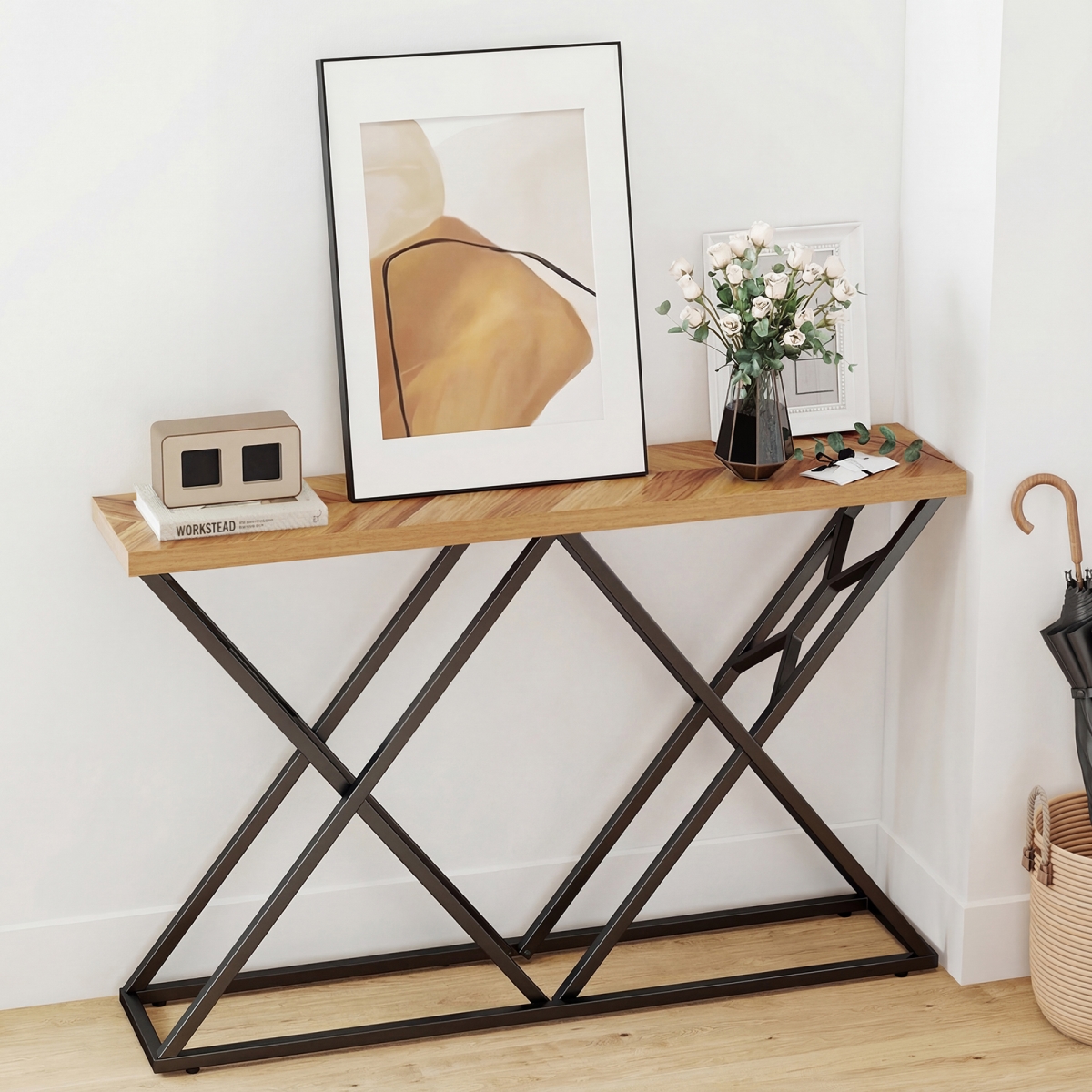 JV13292CF 55 in. Console Table with Solid Metal Frame & Storage - Wood