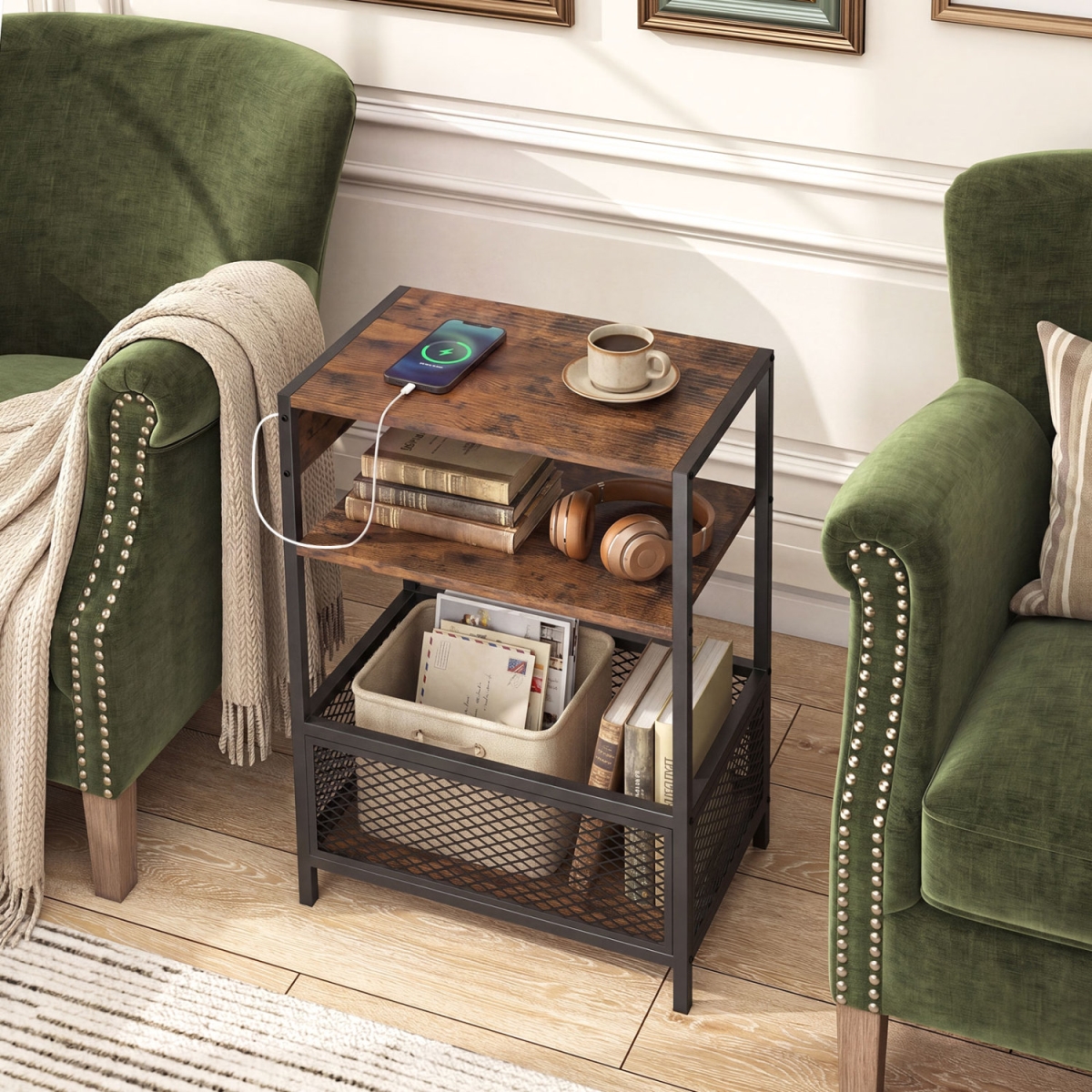 JV14440US-1CF 3-Tier Industrial Side Table with 2 AC Outlets & 1 Type-C Ports - Rustic Brown