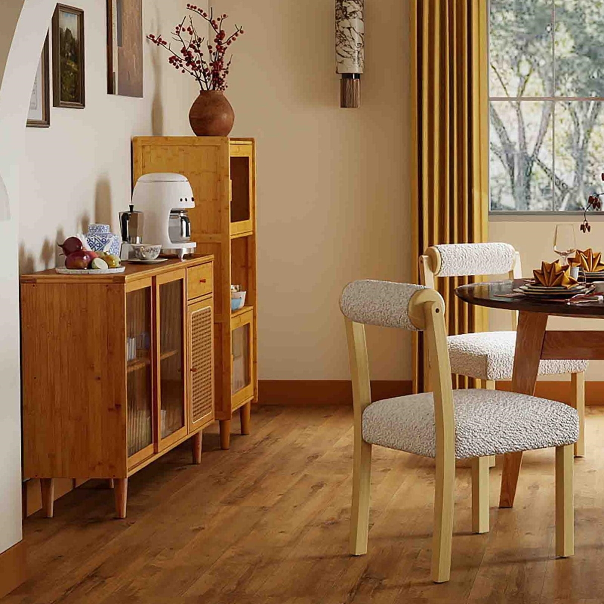R-DiningRoomSet1 Modern Dining Room Set with Wooden Dining Chairs, Bamboo Sideboard Cabinet & Tall Storage Cabinet - 3 Piece