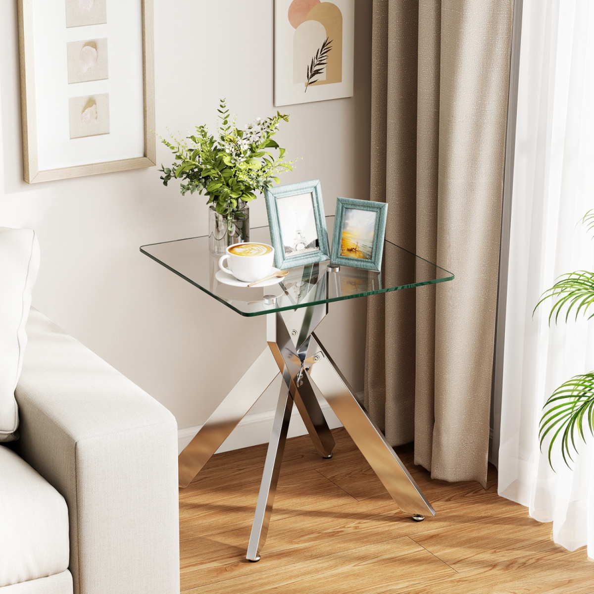 JV13028SL Glass Side Table Square End Table with Tempered Glass Top & Metal x Base - Silver
