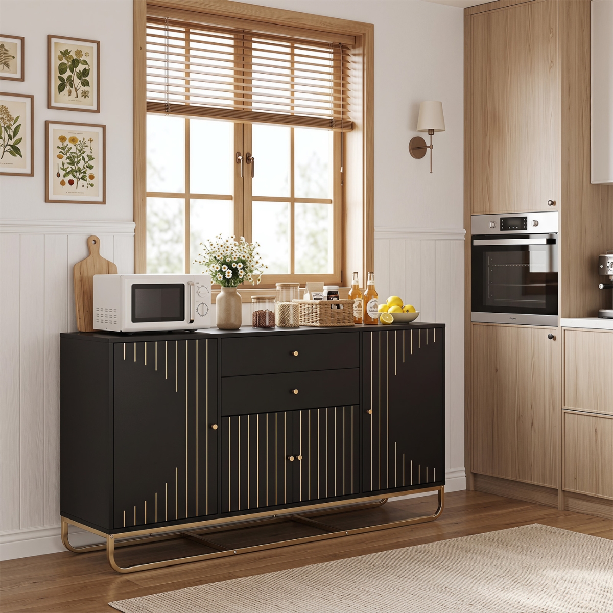 JV13078BK Modern Buffet Sideboard Cabinet with 2 Drawers & Adjustable Shelves for Dining Room - Black