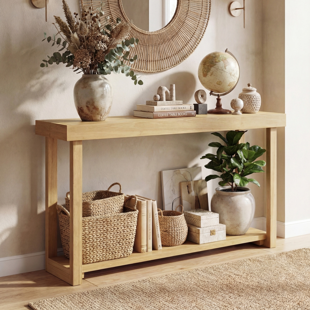 JV13138 46 in. Solid Wood Console Table 2-Tier Narrow Farmhouse Sofa Table - Natural