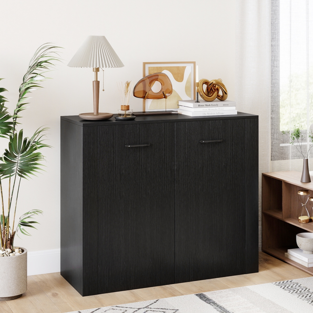 JV13271DK 38 in. Buffet Modern Sideboard Cabinet with Storage - Black