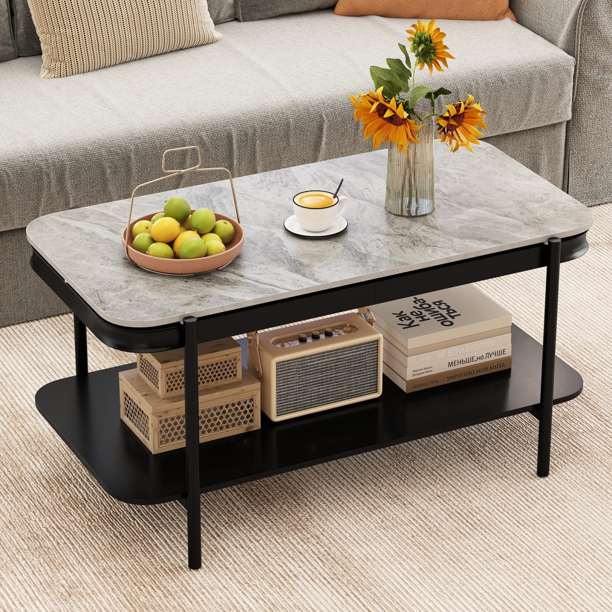 JV13340GR 2-Tier Modern Rectangular Coffee Table with Sintered Stone Top - Gray