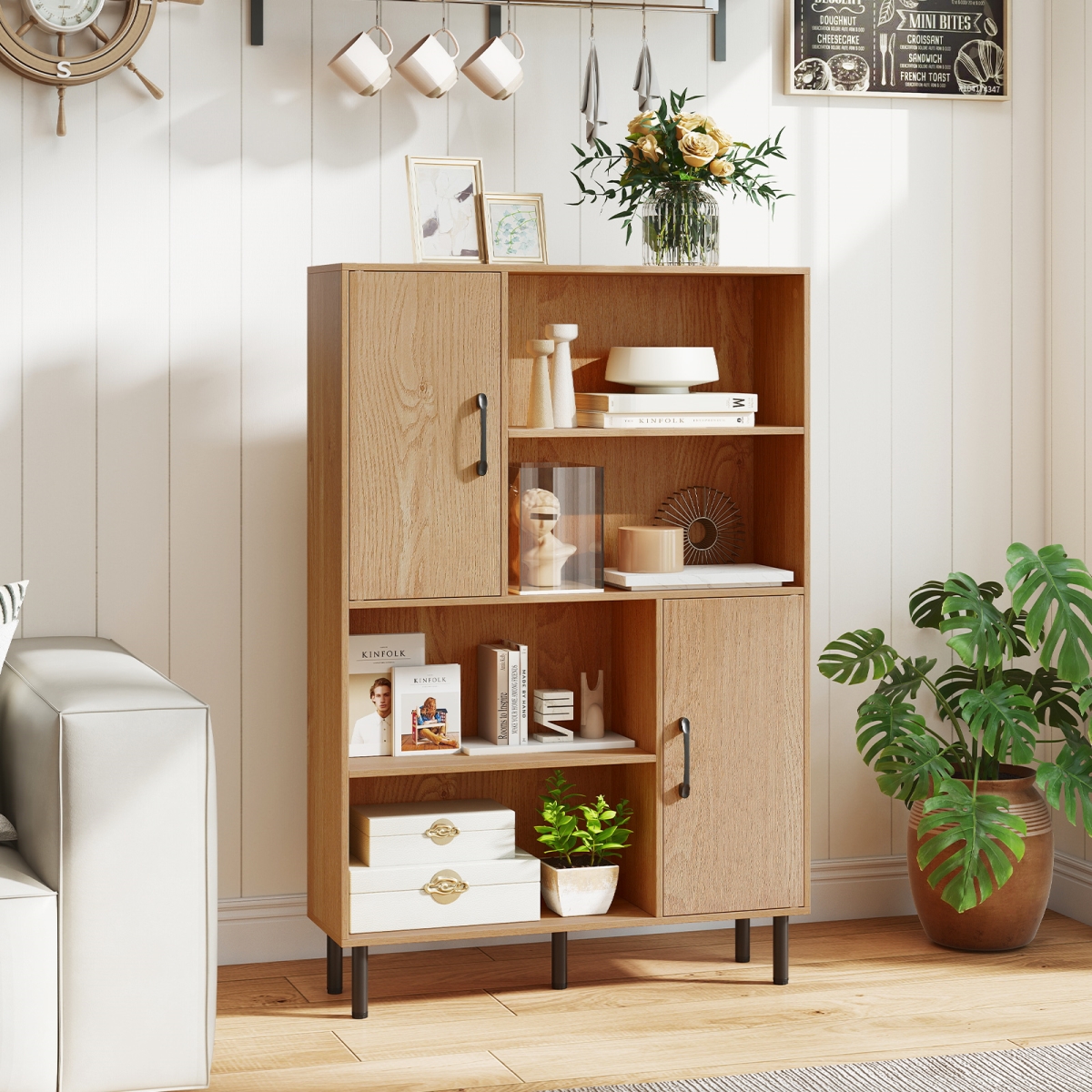 JV13372NA 47 in. Storage Cabinet Freestanding Bookcase with 2 Doors & 4 Open Shelves - Natural