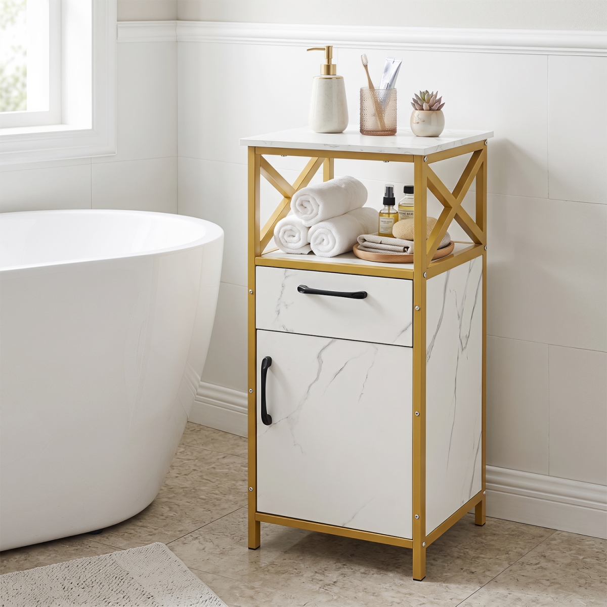 JV13376WH Bathroom Storage Cabinet with Drawer Single Door & Open Shelf - White